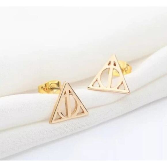 Harry Potter Deathly Hallows triangle earrings gold tone post earrings - Picture 2 of 2